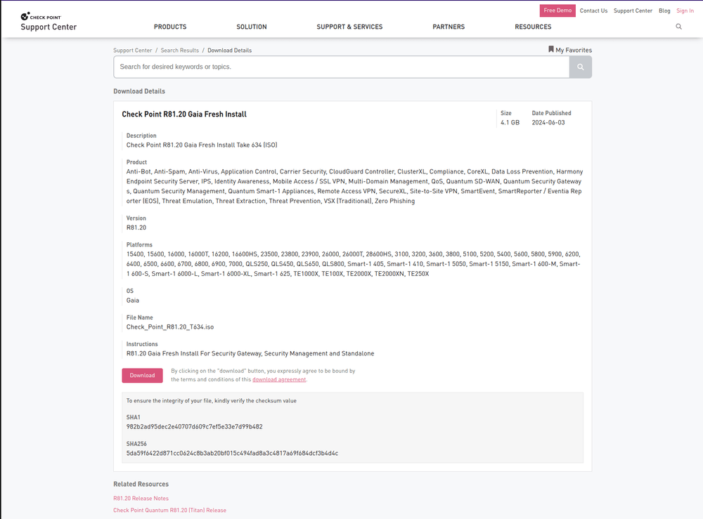 A screenshot of the Checkpoint Download Page